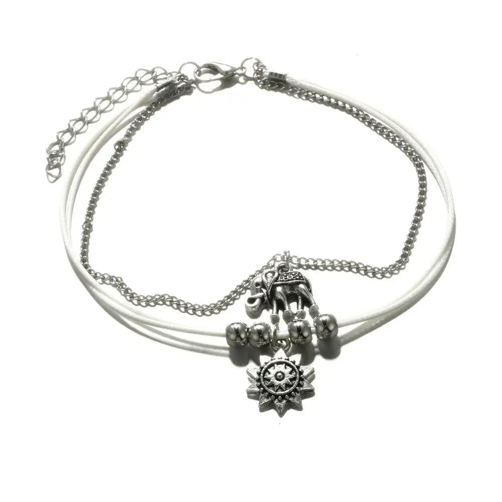 Boho Layered Anklets Silver Sun Ankle Bracelet Elephant Ankle Chain Beach Foot Jewelry Accessories for Women and Girls