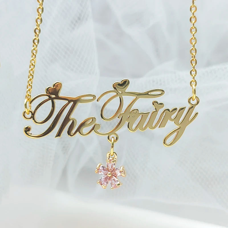 Qiuhan Stainless Steel Jewelry 18K Gold Flower Type Zircon Pendant Custom Name Necklace