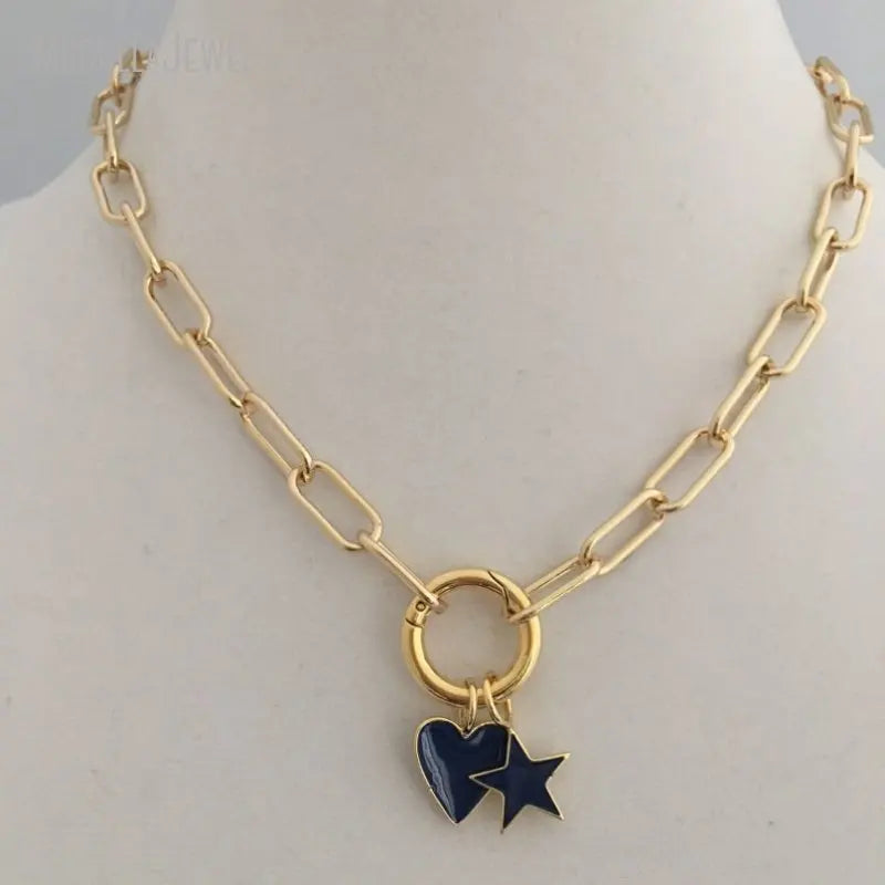 NM35112 Brass Jewelry Spring Clasp Chain Necklace Gold Plated Star Pendant Heart Pendant Choker Necklace