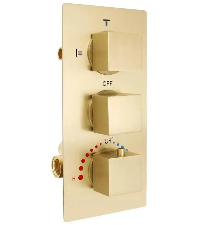 Polished Brass 3-Way Thermostatic Shower Valve Brushed Gold Square Knobs Modern Anti-Scald Anti-Corrosion Rain Jet Spray