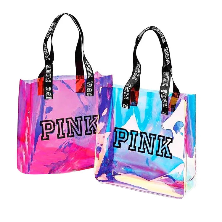 Designer Custom Logo Colorful Laser Printed Canvas Tote Bag Transparent PVC Shopping Bags