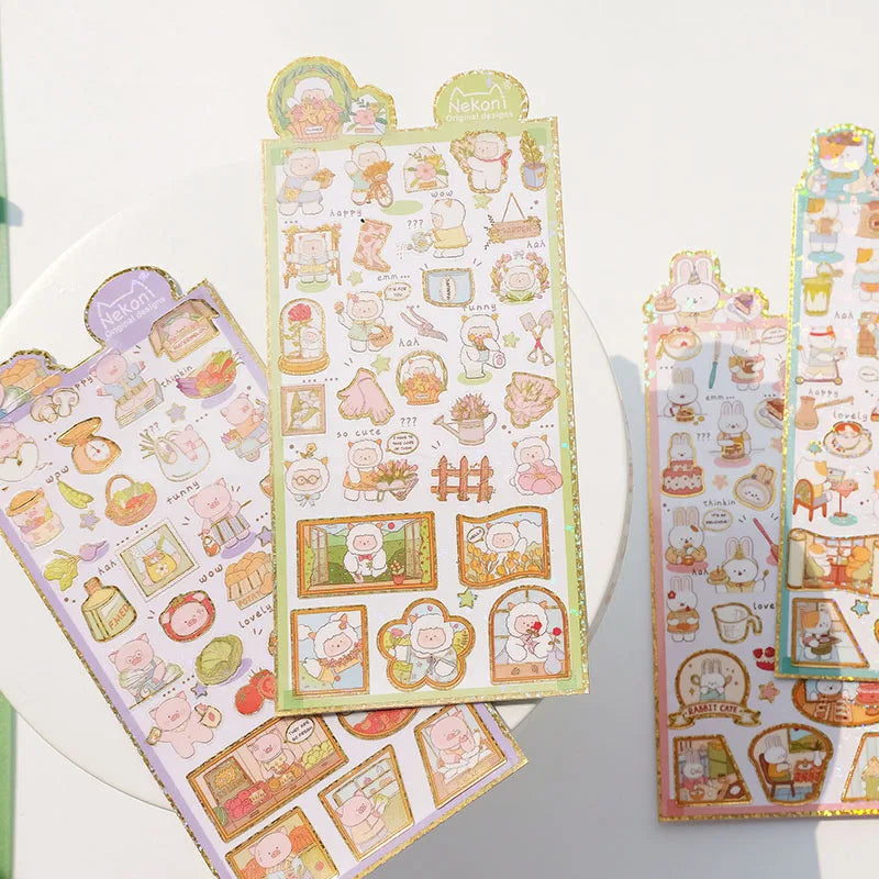Nekoni Waterproof PVC  Laser  Sticker Dog Puppy Cat Kitty Bear Rabbit Goat Pig for Gilding Animal Stickers