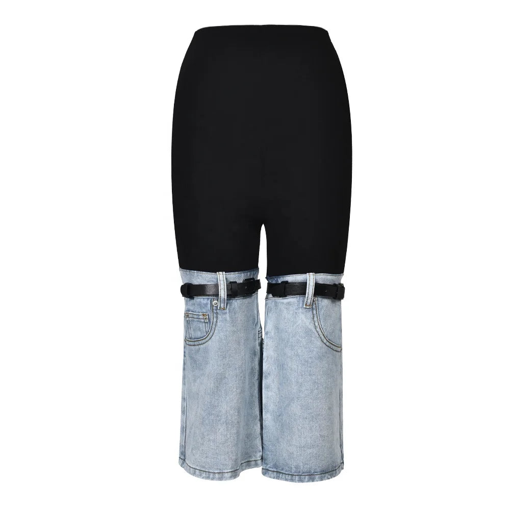 OUDINA Hotselling Patchwork Stretch Color Contrast Stitching Jeans Straight Cropped Pants for Women Jeans