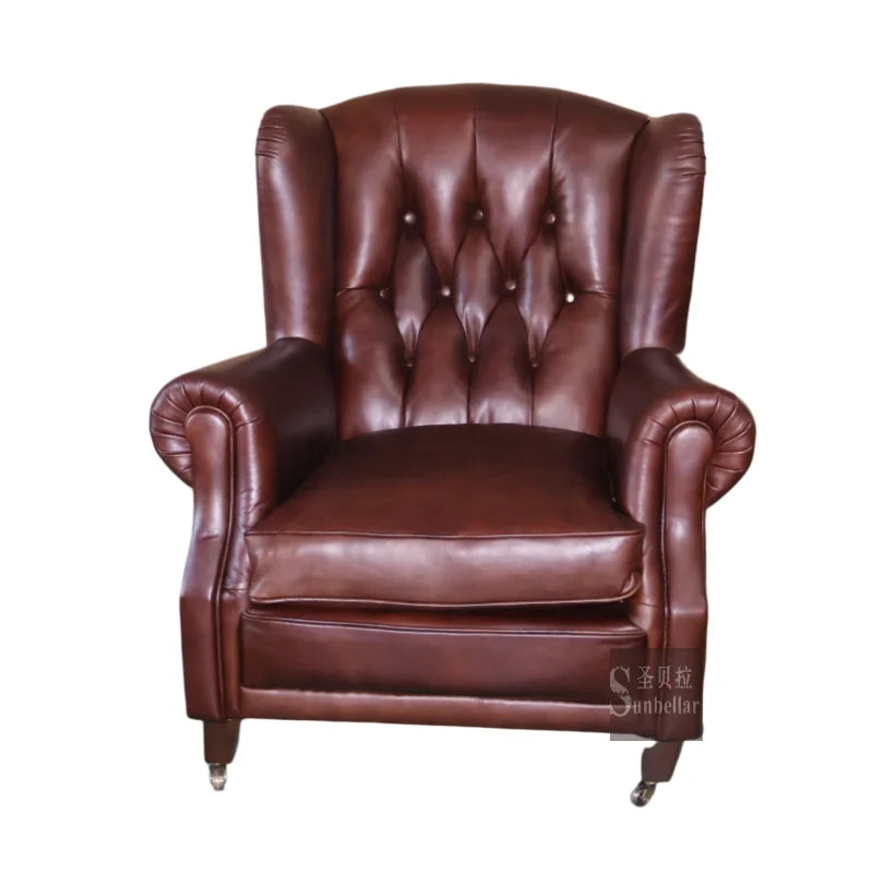 Chesterfield Tufted Buttons Back Accent Armchair Vintage Brown Genuine Leather Living Room Home Office Wing Back Chair Luxury