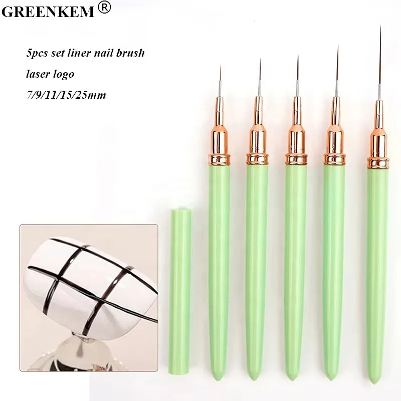 New 5pcs Set Color Nail Liner Brush 7/9/11/15/25mm Nail Drawing Pen Set Professional Metal Handle Nail Liner Brush Set