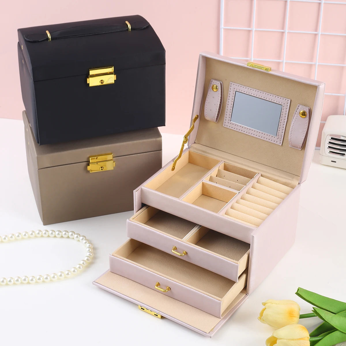 Hot Selling 3-layer Drawer Travel Jewelry Box with Lock Mirror Jewelry Organizer Portable Leather Jewellery Packaging Box