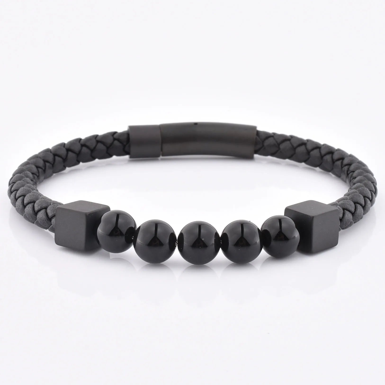 Wholesale New Arrived Luxury Black Braided Genuine Leather Shiny Onxy Gemstone Bead Bracelet