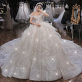 2023 Luxury Fairy Lace Wedding Dress Luxury Embroidery Train Wedding Dress Elegant Short Sleeve Sequin Wedding Dress