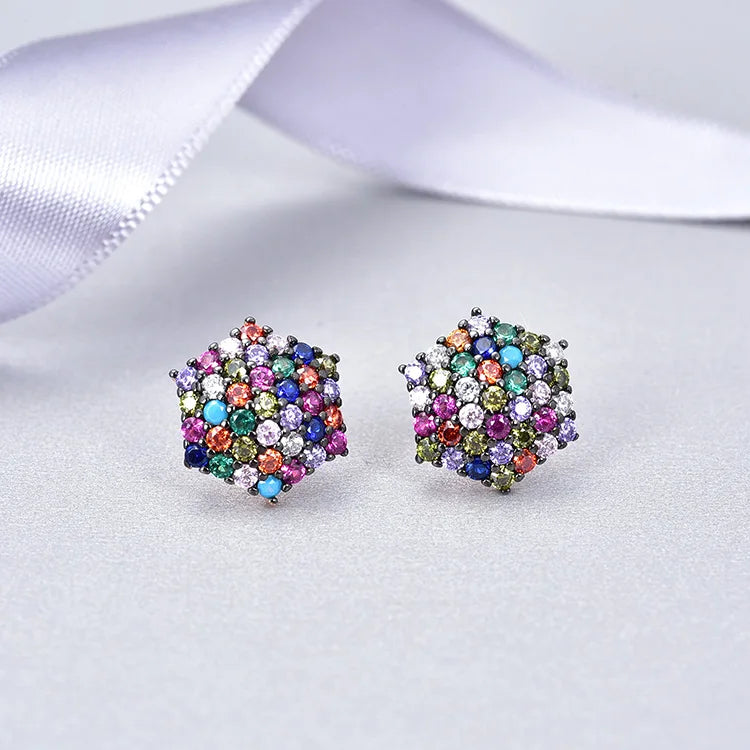 925 Sterling Silver AAA Cubic Zirconia Rose Gold Plating Multicolor Hexagon Earring Set Trendy Weddings Parties Gifts