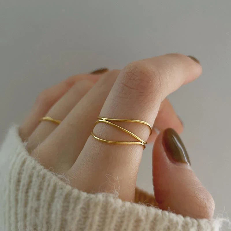 Minimalist 18K Gold Plated Stainless Steel Engagement Ring Dainty Triple Thin Wire Wrap Rings Jewelry Women