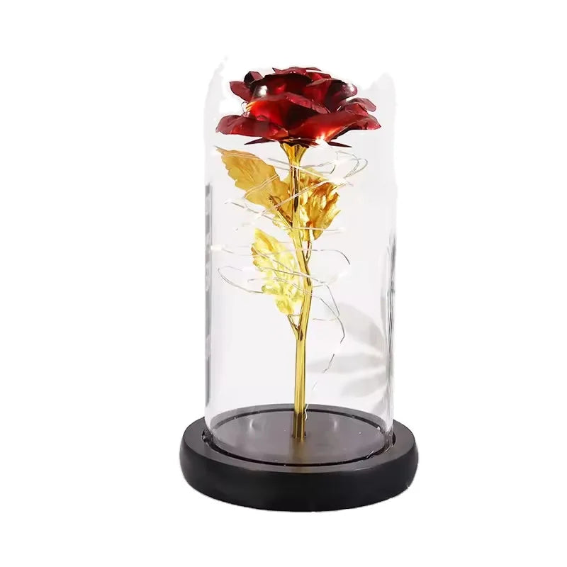 Wholesale Valentine's Mother's Day Gift Artificial Decorative Flower Led Light 24K Golden Foil Rose in Acrylic Dome
