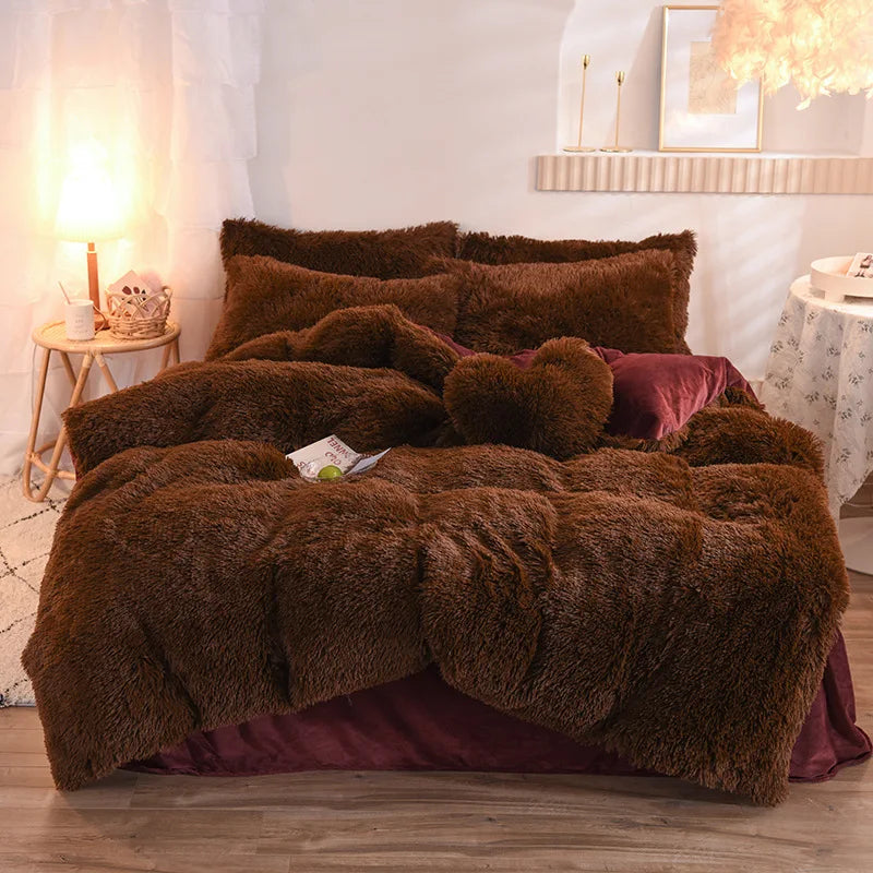 Brown Color Plush Crystal Fleece Flannel Fluffy Bedding Set Ultra Soft Faux Fur Bedding Sets 4 Pieces with Pillow Cases