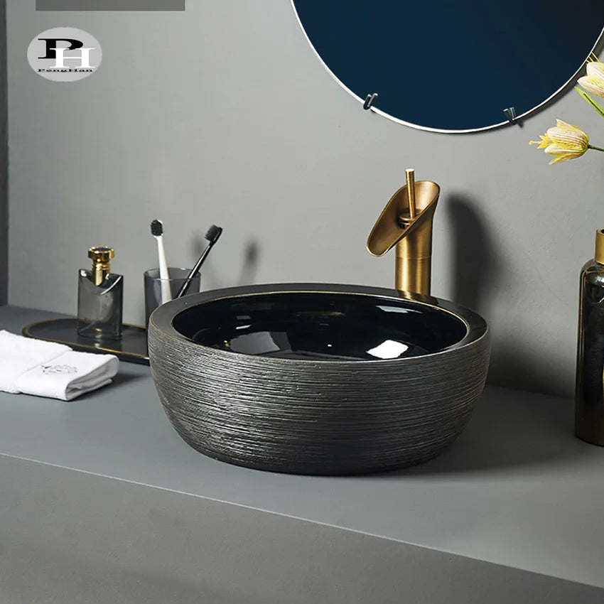 Jingdezhen Hand Carved Coloured Art Ceramic Modern Design Eco-Friendly Water Resistant Above Counter Sink for Bathroom