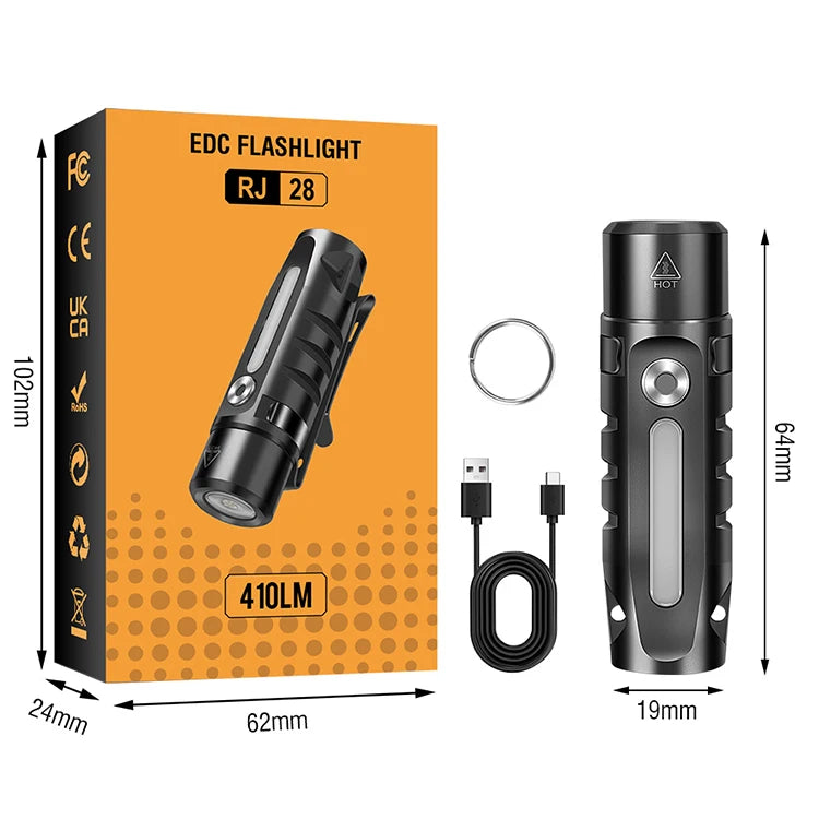 BORUiT RJ28 Mini EDC Flashlight with 410LM & Type-C IP66 Waterproof LED Aluminum Lamp Body Torch Pocket Flashlight for Camping