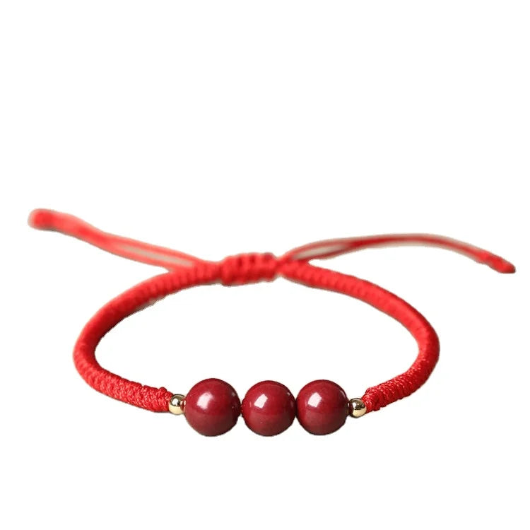 Ethnic Jewelry Red Rope Braided Bracelet 3 Round Onyx Vermilion Macrame Bracelet for Birthday Gift
