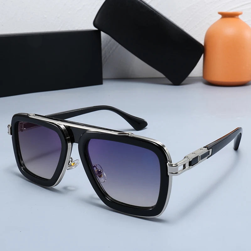 2025 New Arrivals Designer Vintage Luxury Oversized Sunglasses Square Metal Blue Gold Trendy Shades Custom Logo