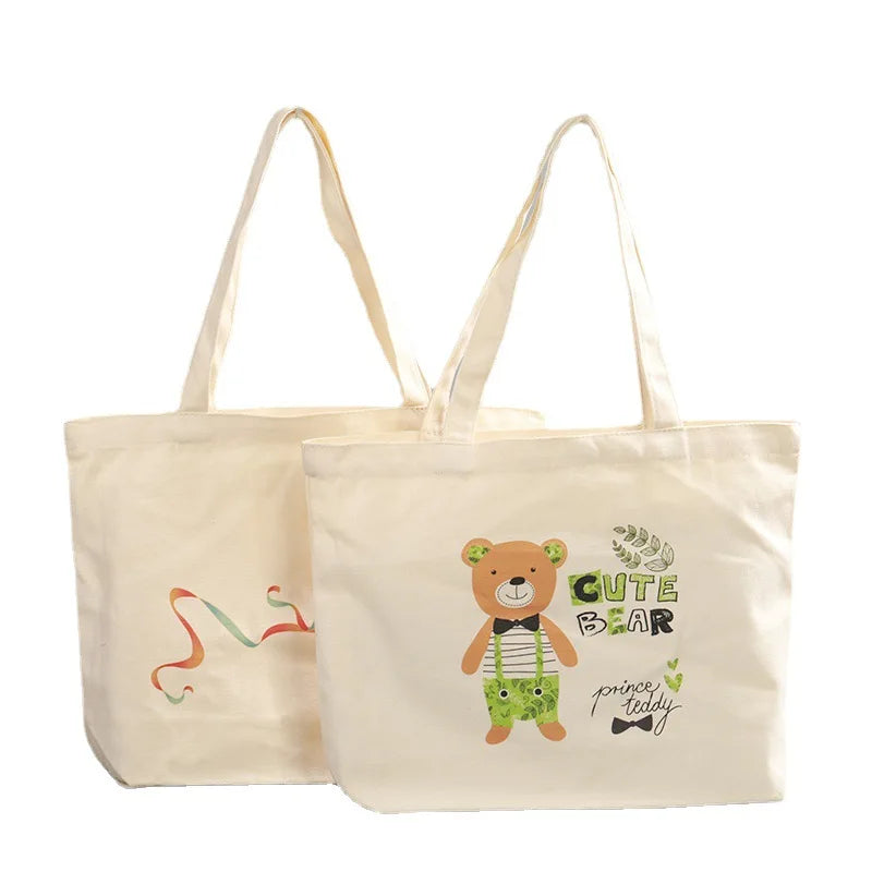 Bags Black White Blank Cotton Canvas Tote Bag with Custom Printed logo Long Handle Shopping Bag