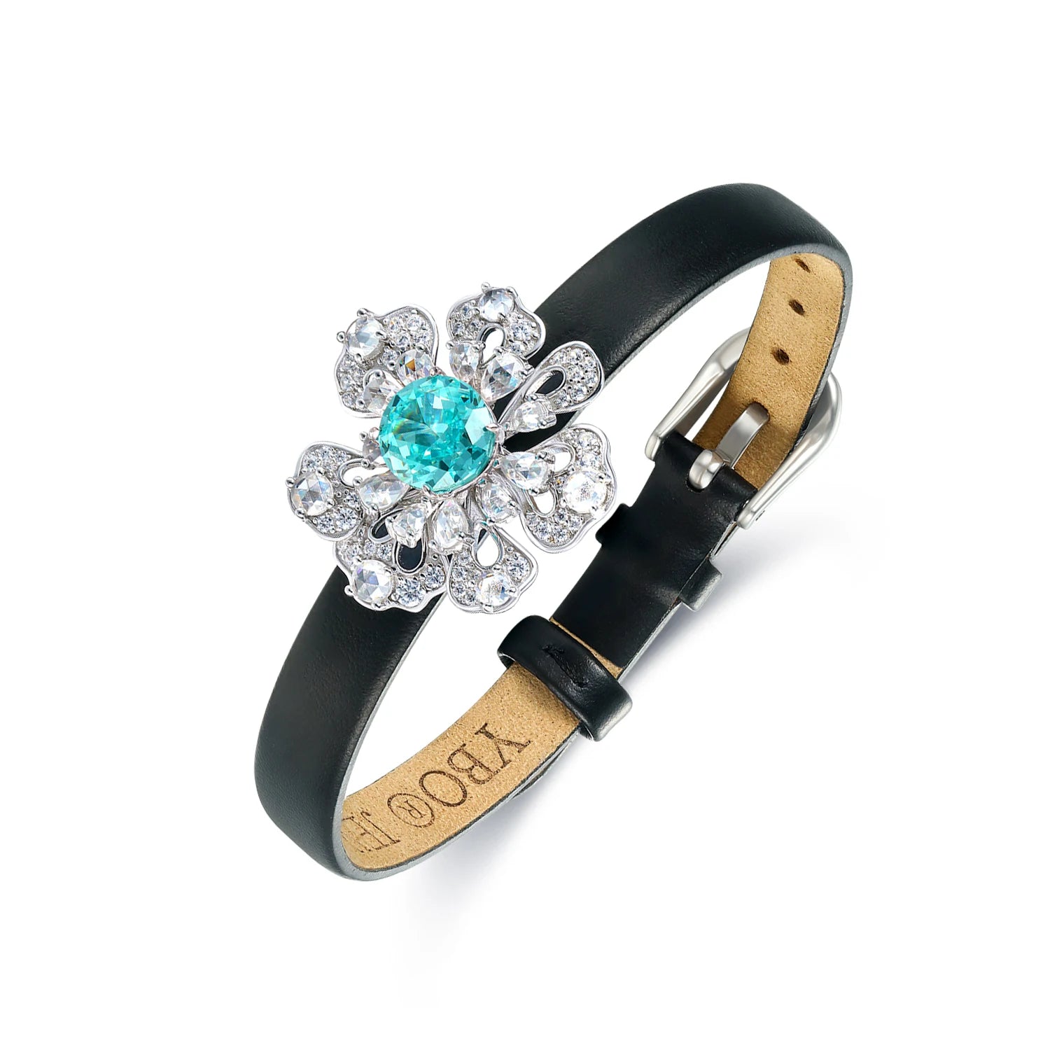 YBO Luxury 8MM High Carbon Diamond CZ 925 Sterling Silver Genuine Cow Leather Wrist Bands for Women Fine Bangles