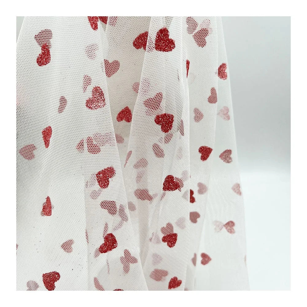 Eco-friendly Pink Shiny Glitter Heart Mesh Fabric for Wedding Bridal Dress Net Glitter Tulle Lace Fabric Wholesale
