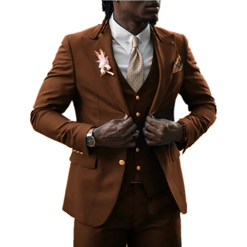 Brown Men Tuxedo Two Buttons Handsome Groom Tuxedos Men Suits Wedding/Prom/Dinner Man Blazer Jacket Vest Pants