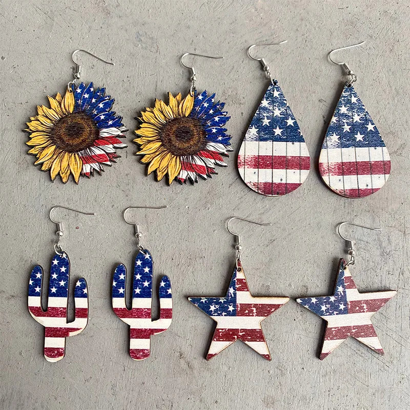 Western Pendant Earrings for 4th of July American Flag Cactus Wood Earrings for Women Patriotic Bohemian Drop Dangles