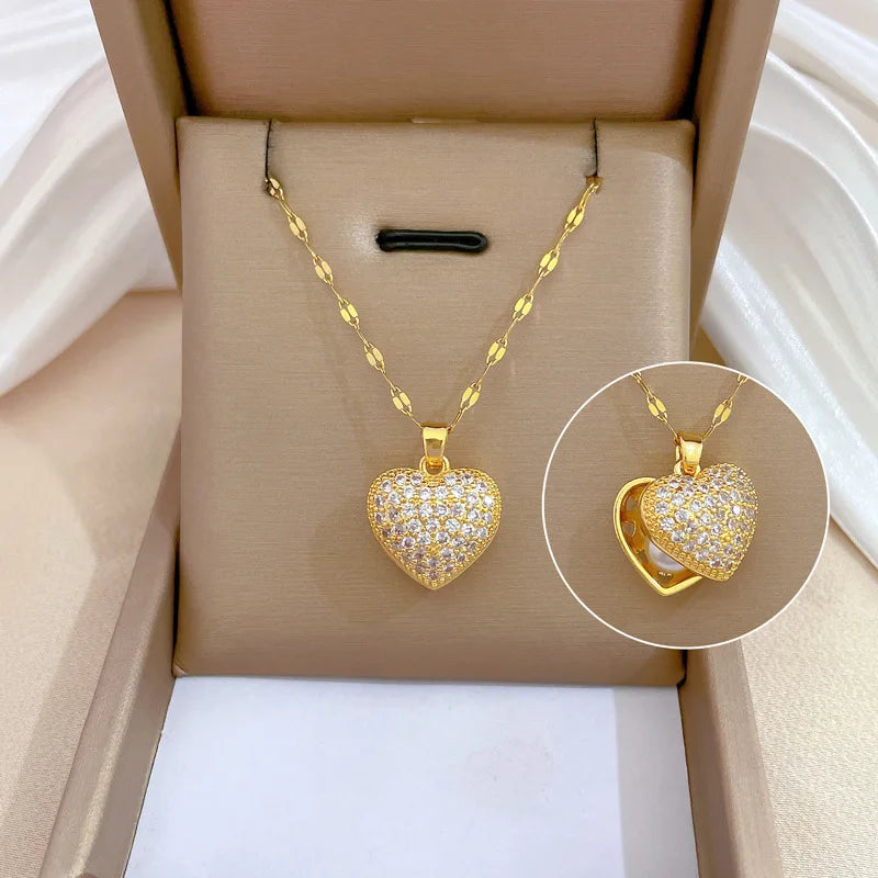 Hot Sale Fashion Luxury No Fade Stainless Steel Pearl CZ Crystal Heart Pendant Necklace for Women Girls Jewelry