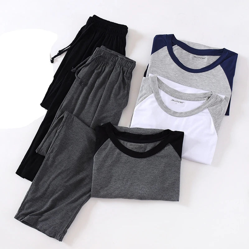 Man  Two Pieces Short Pajamas Sets Mens  Casual Home Wear Long Sleeve Tshirts Pants 2 Pcs Sleepwear Set