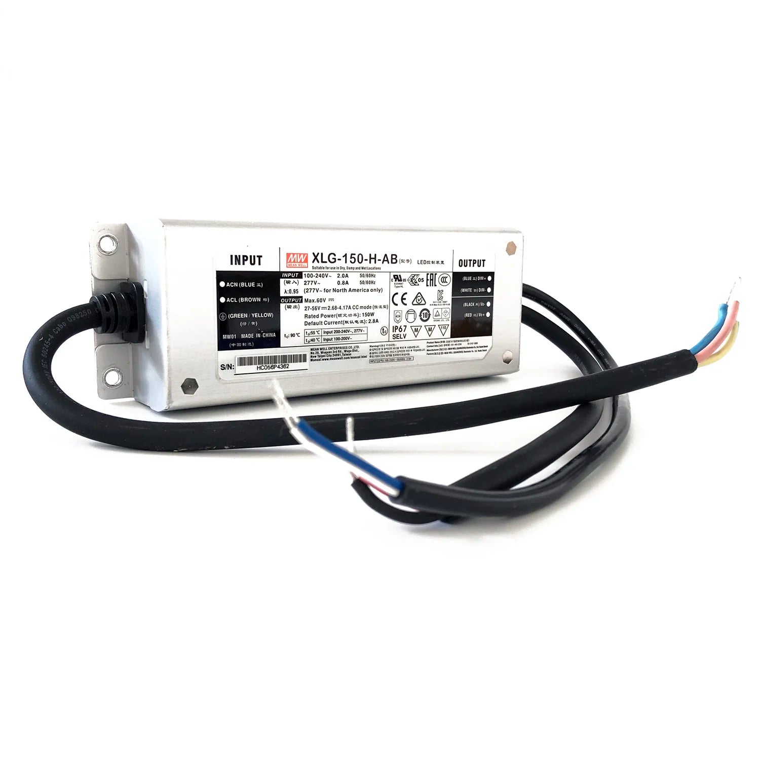 XLG-150-H-AB 150W MeanWell AC-DC Single Output LED Driver for LED Grow Light Constant Power Mode Built-in PFC 27~56V 5-Year