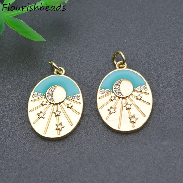 High Quality Nickel Free Anti Rust Gold Plated CZ Pave Blue Enamel Big Size Oval Round Star Necklace Pendants for DIY Jewelry