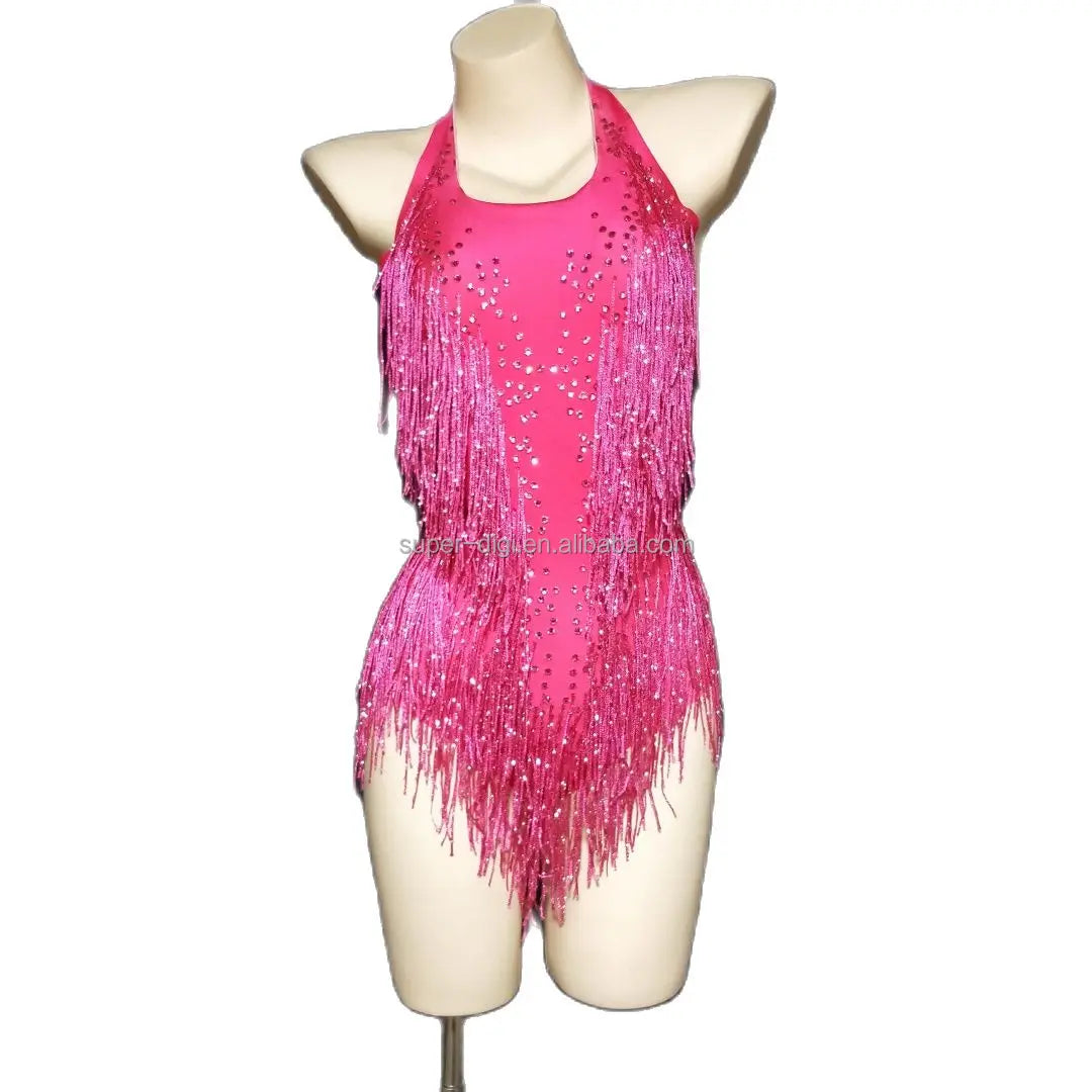 Stage Dance Wear Rhinestone Jumpsuit Sexy Nightclub Prom Fringes Leotard Stage Costume Tassel Party Bodysuits