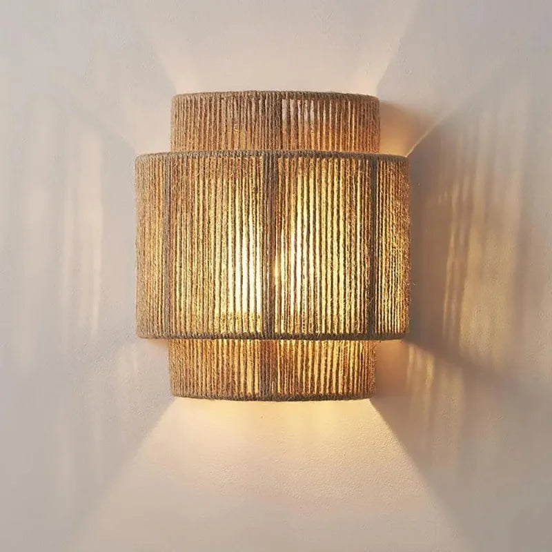 9inch Rattan Wall Sconce Boho Home Decor Wall Light Fixtures with Hemp Rope Rustic Lights for Bedroom Bathroom Hallway Entryway