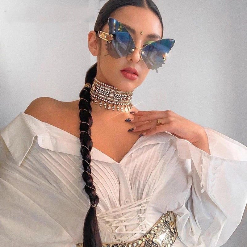 2022 Butterfly Rimless Sunglasses Women Luxury Brand Designer Fashion Oversized Steampunk Sunglasses Vintage Eyewear UV400
