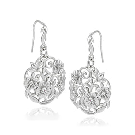 Vintage Inspired Dangling Floral Earring Sterling Silver Polished CZ Floral Dangle Earrings Friendship Earrings for Women