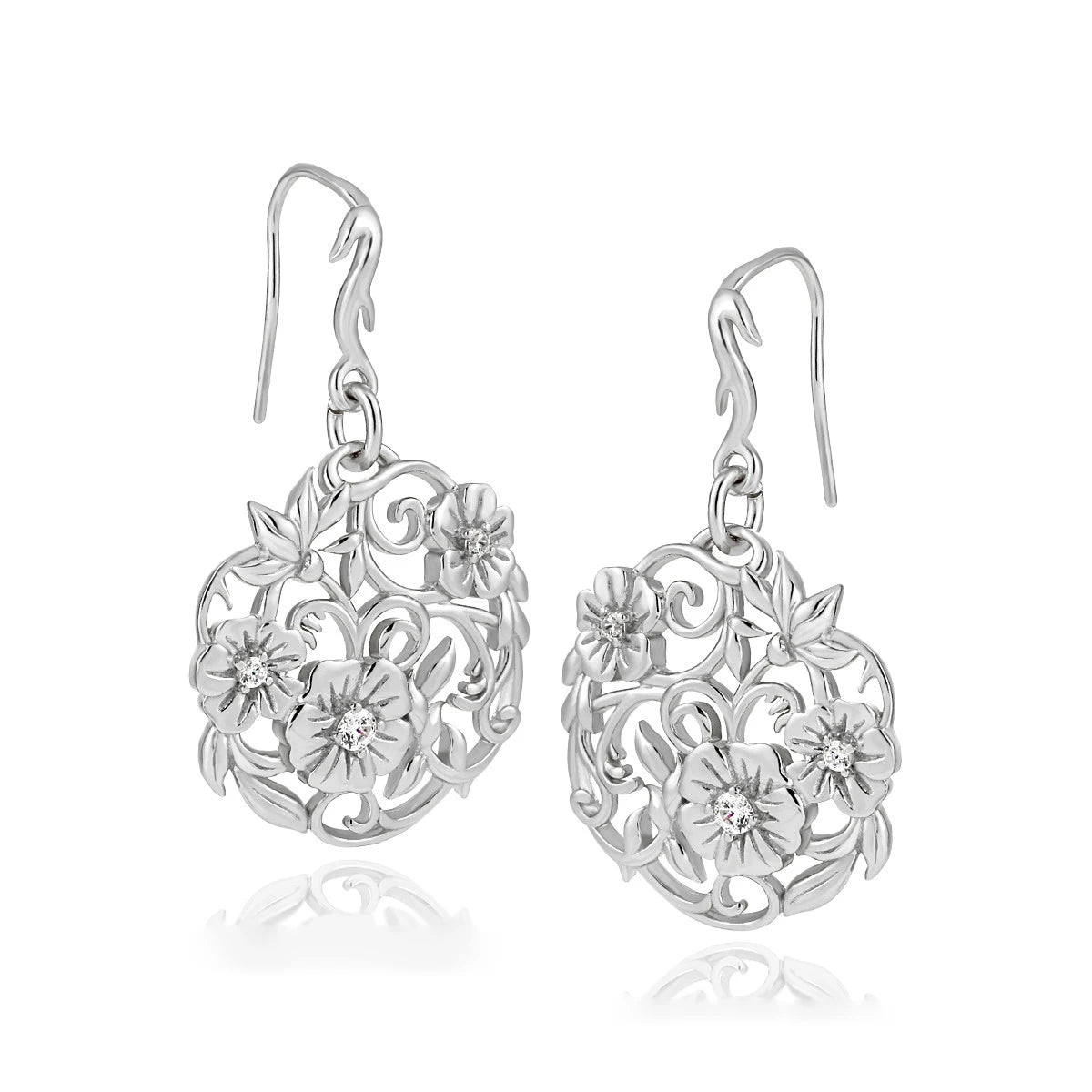 Vintage Inspired Dangling Floral Earring Sterling Silver Polished CZ Floral Dangle Earrings Friendship Earrings for Women