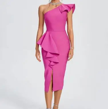 2025 Autumn/Summer Fashion New Elegant Women's Solid Color Banquet Sexy Single Shoulder Lotus Leaf Edge Sexy Folded Dress