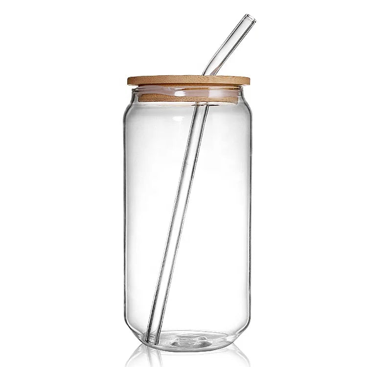 Hot Sale High Borosilicate Glass Tumblers Glass Mug Tumbler Coffee Cup Beer Can Shape Cups with Glass Straw Bamboo Straw