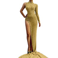 Elegant Single Shoulder Rhinestone High Slit Ball Gown Women Formal Bodycon Birthday Wedding Dress Ladies Mermaid Evening Dress
