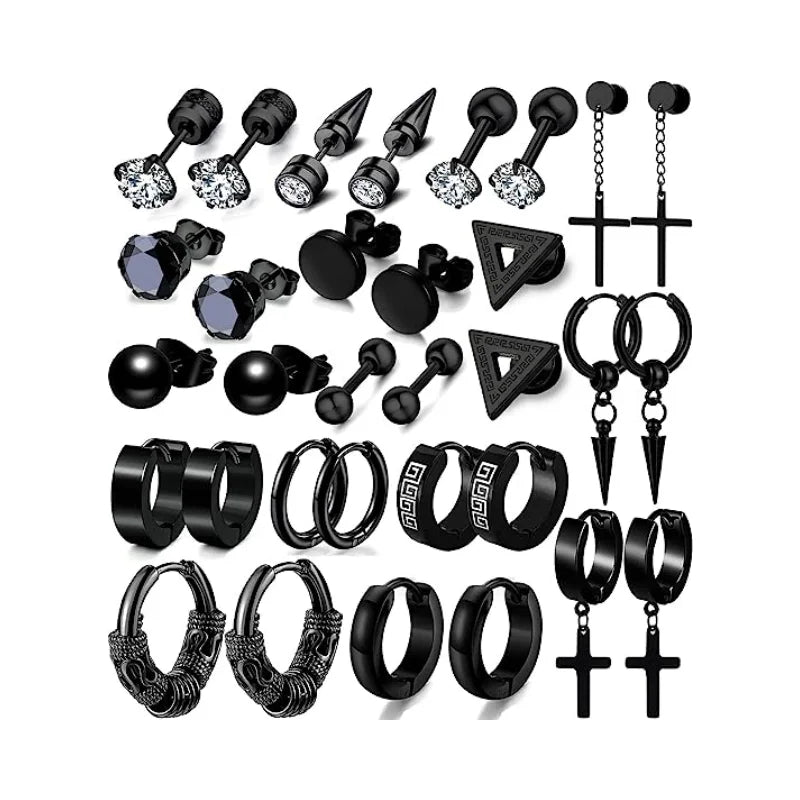 16 Pairs Men Earrings Set - Black Stainless Steel Cross Dangle Hoop Ear Stud Fashion Piercing Jewelry for Birthdays Parties