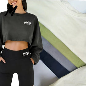 Wholesale OEM Pullover Plain Crewneck Custom Embroidered Cropped Hoodie Crew Neck Sweatshirt for Women