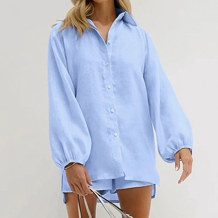 Enyami Summer Beach Wear Women Cotton Shirt Top Shorts Two Pieces Oversized V Neck Loose Casual Suit 2 Piece Set