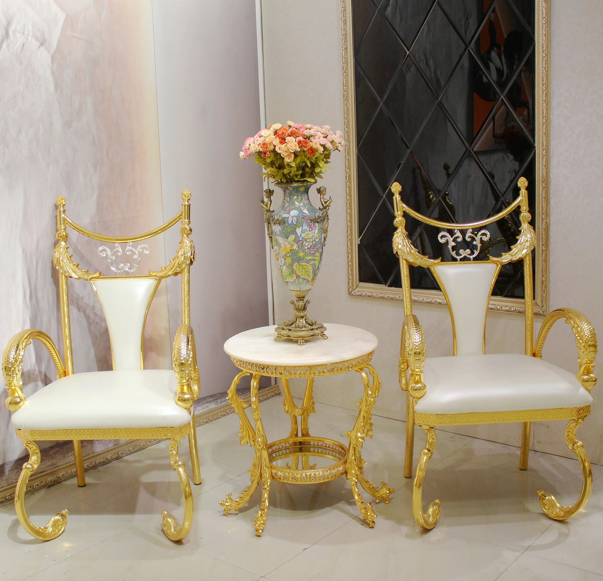 European Wedding Luxury Leisure Dining Chair Hotel Living Room Outdoor Park Copper Metal Gold White Modern Commercial Set