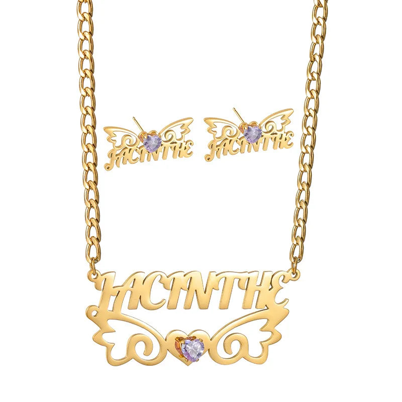 Custom Name Stainless Steel Jewelry Set for Women 18K Gold Plated Angle Wings Necklace Earrings Personalized Birthday Gifts