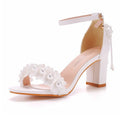 2.5 Inches White Flower Lace Pearls Chunky Heeled Sandals Wedding Dress Shoes Ankle Strap Sandals Women