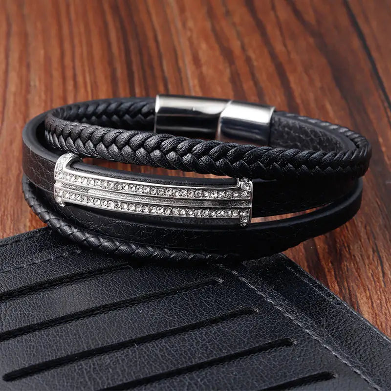 Factory Price Antique Making Multi-layer Genuine Leather Stainless Steel Rectangle Tube Bangle Bracelet for Men OT-135