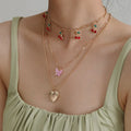 INS New Women Jewelry Set Gold Plated Clavicle Chain Heart Pendant Diamond Multilayer Choker Cherry Butterfly Necklace