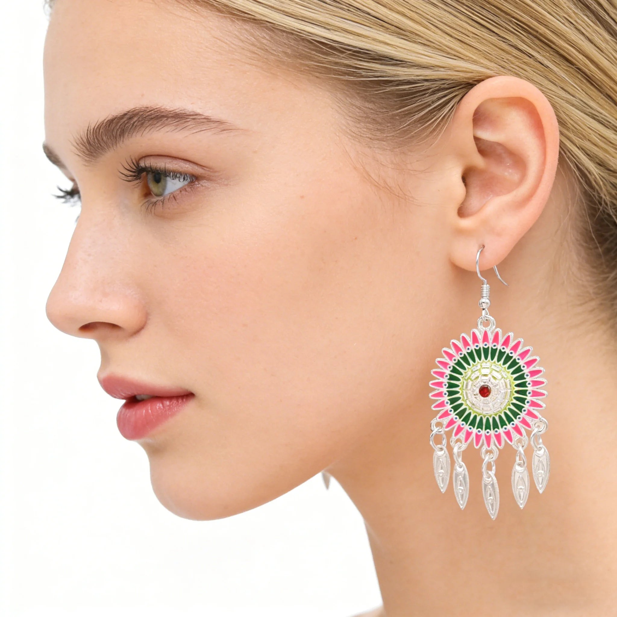 Silver Plated Alloy Leaves Enamel Flower Women Dangle Earrings Tassel Colorful Flower Earrings