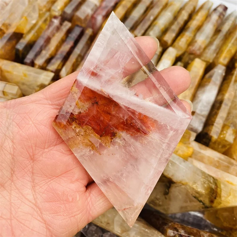 Natural Hematoid Crystals Slice Slab Healing Stone Rhomboid Fire Quartz Crystal Rhombus
