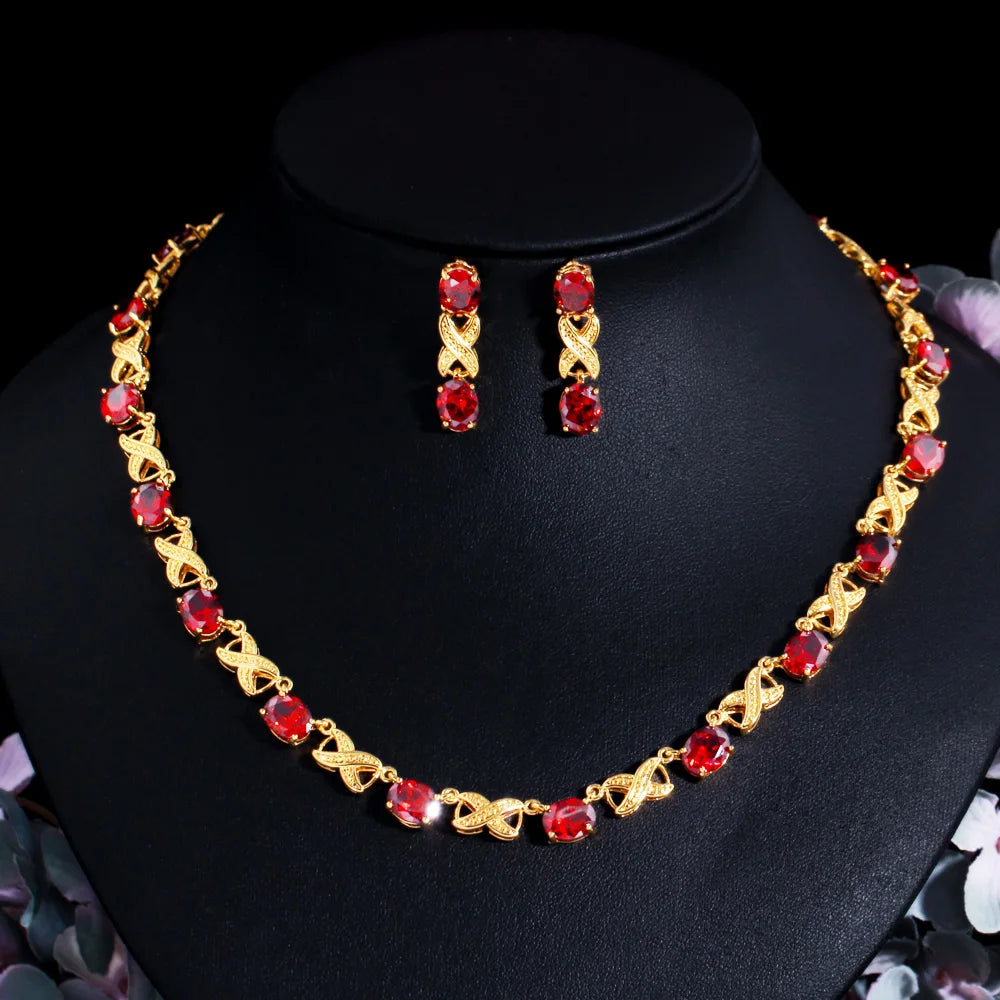 Glittering Yellow Gold Color Oval Cubic Zirconia Stone Garnet Red Women Engagement Party Costume Jewelry Set for Women Bridal