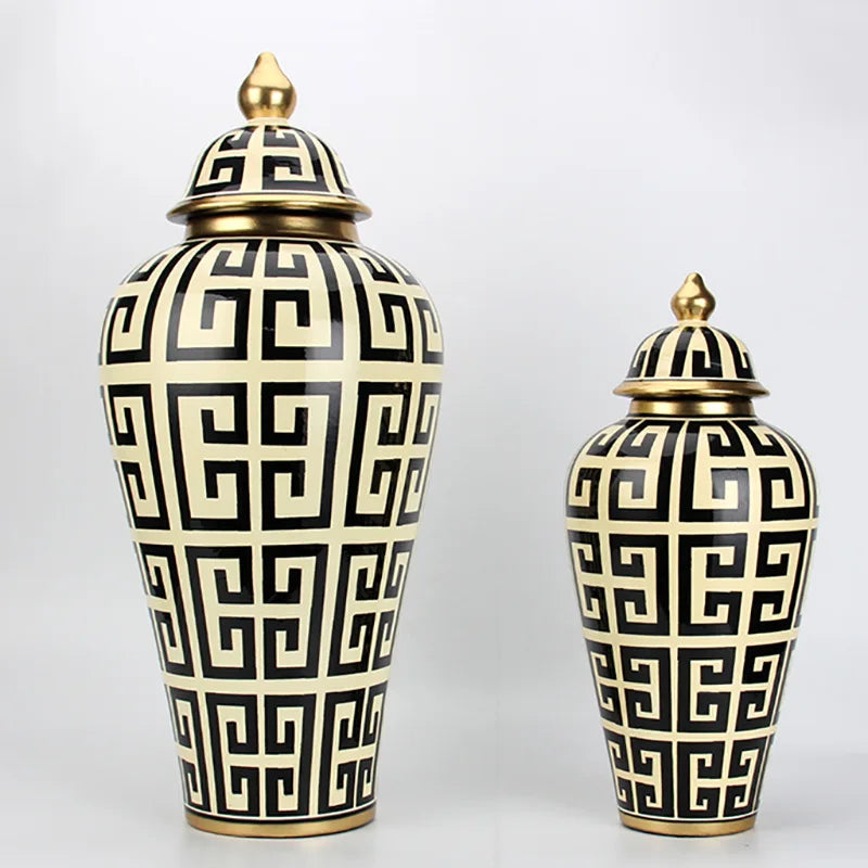 Traditional Geometric Light Luxury Black Line Electraplating Ceramic Flower Vase