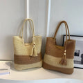 New Eco Friendly Straw Beach Bag Two-Color Woven Material One Shoulder Braided Casual Tote Open Two Handles Tassel Paper Pendant